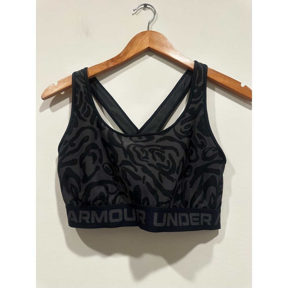 Under Armour Womens XL Mid Crossback Sports Bra Black Grey Animal Print HeatGear